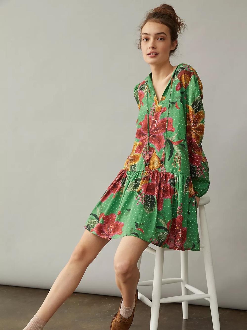 Farm Rio For Anthropologie Jimena Tunic Drop waist Mini Floral Dress Size L